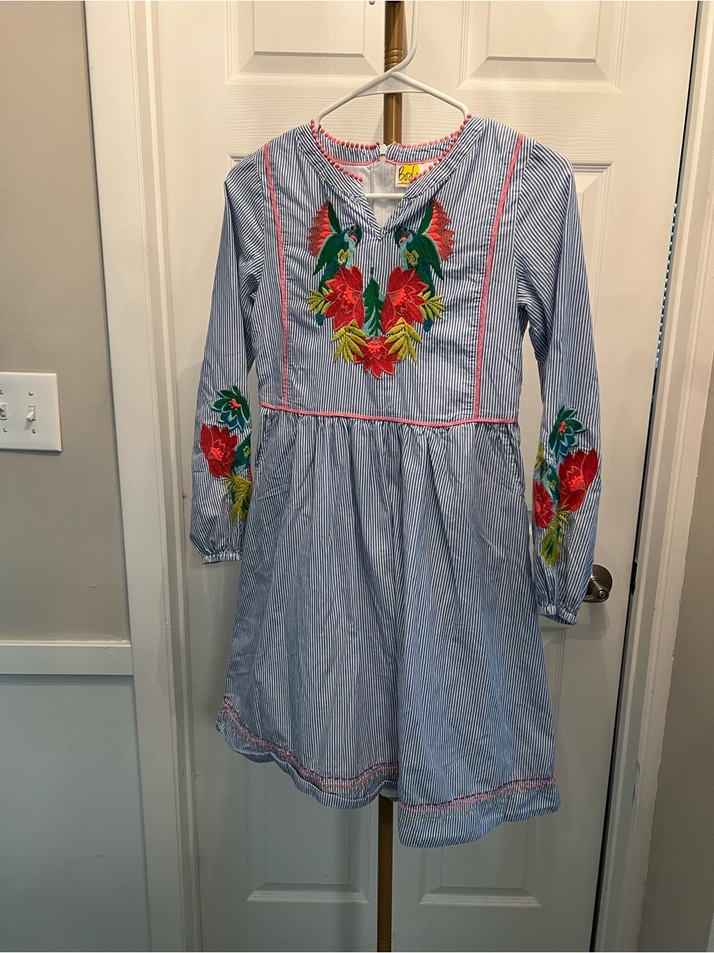 Boden Blue & White Stripe Dress with Red Floral and Green Parrot Embroidery